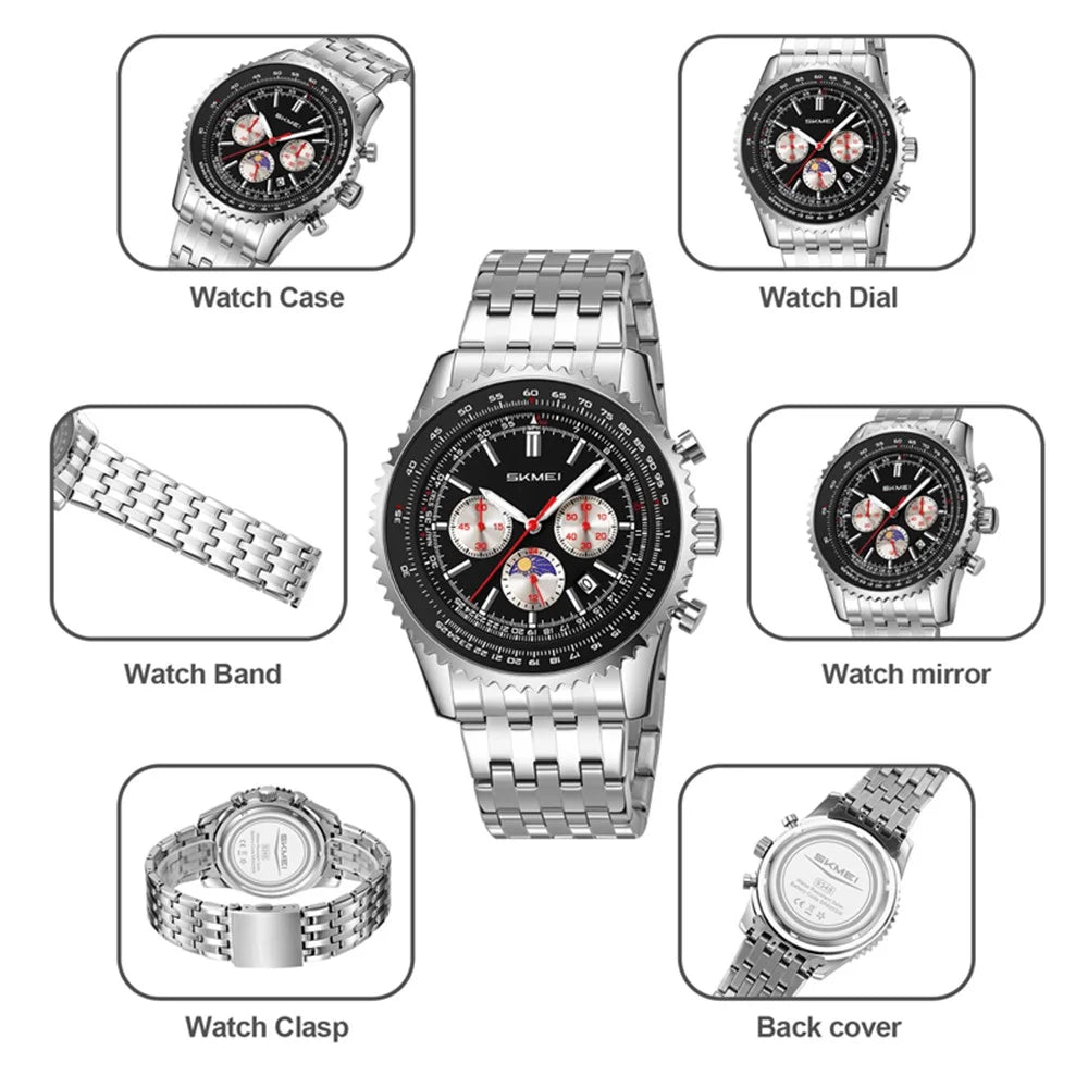 SKMEI 9348 Multifunctional Quartz Watch Three Small Dials Stainless Steel Band Waterproof Watch - Black - 4