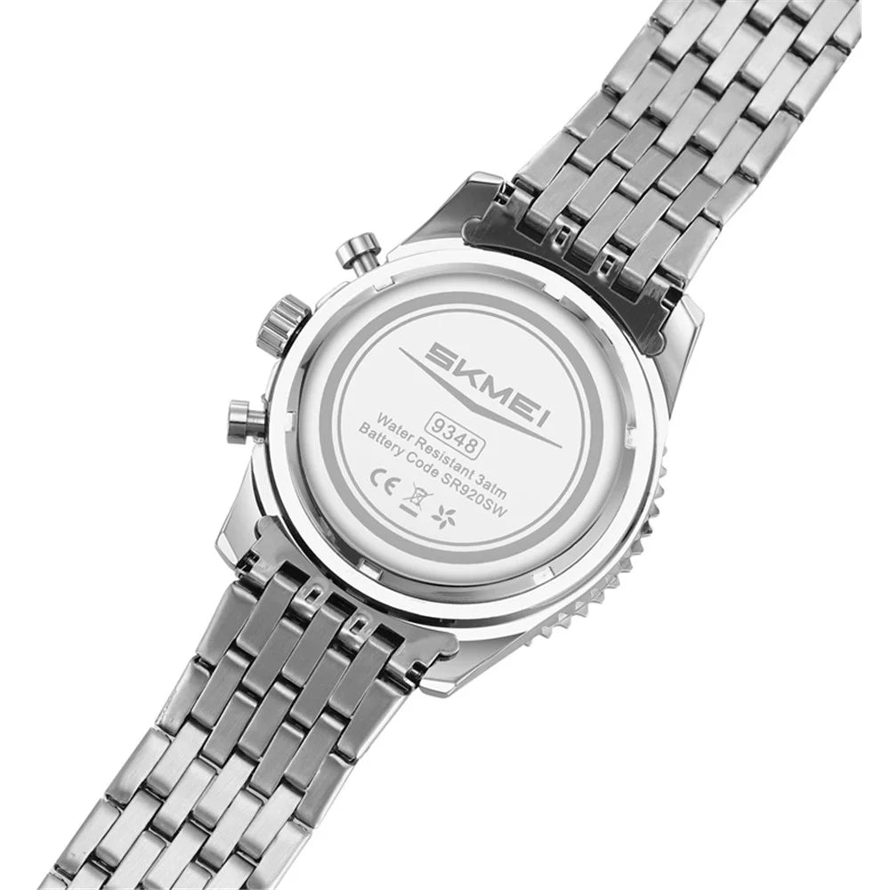SKMEI 9348 Multifunctional Quartz Watch Three Small Dials Stainless Steel Band Waterproof Watch - Black - 5