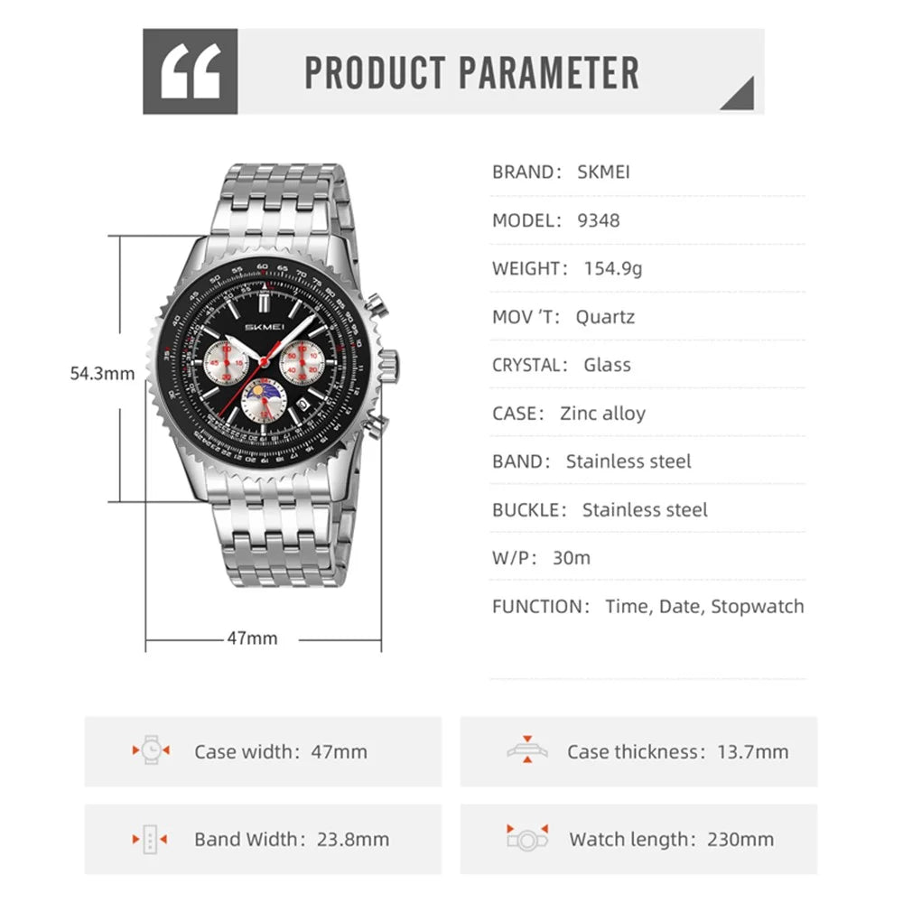 SKMEI 9348 Multifunctional Quartz Watch Three Small Dials Stainless Steel Band Waterproof Watch - Black - 6