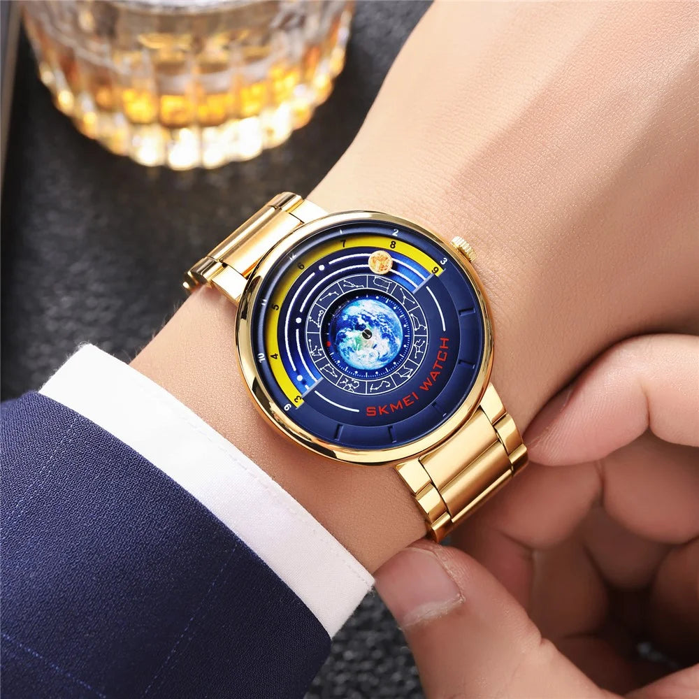 SKMEI 2361 Creative Planet Pattern Quartz Watch 30m Waterproof Steel Band Round Dial Wristwatch - Gold - 3