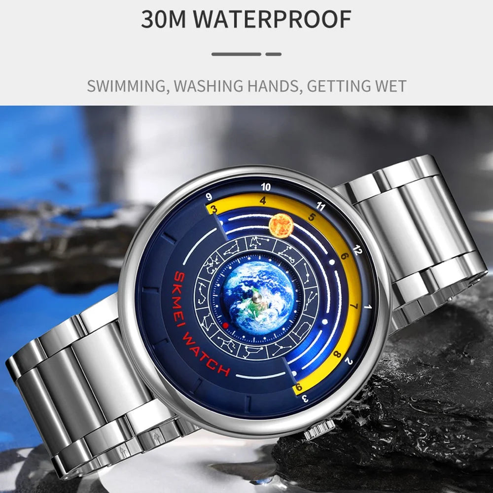 SKMEI 2361 Creative Planet Pattern Quartz Watch 30m Waterproof Steel Band Round Dial Wristwatch - Gold - 4