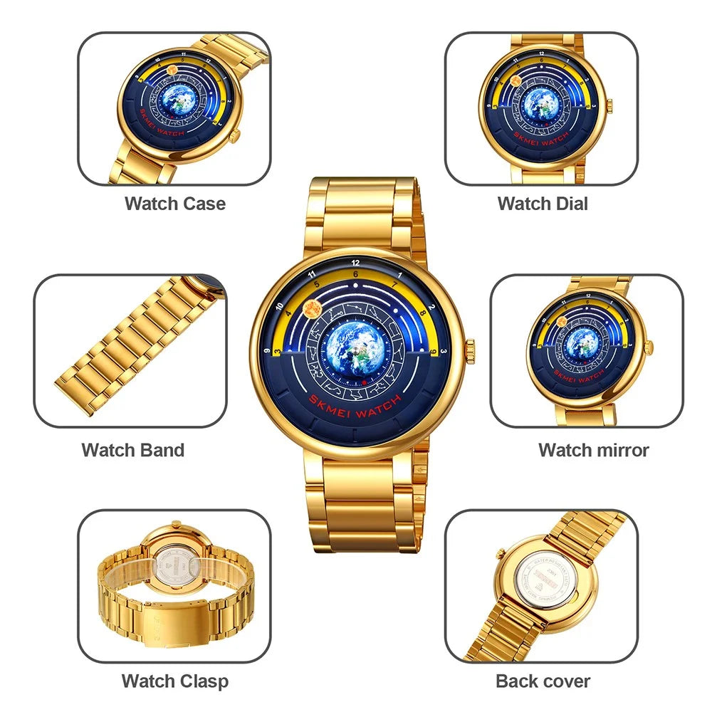 SKMEI 2361 Creative Planet Pattern Quartz Watch 30m Waterproof Steel Band Round Dial Wristwatch - Gold - 5