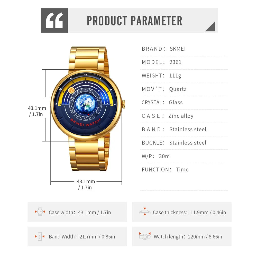 SKMEI 2361 Creative Planet Pattern Quartz Watch 30m Waterproof Steel Band Round Dial Wristwatch - Gold - 6