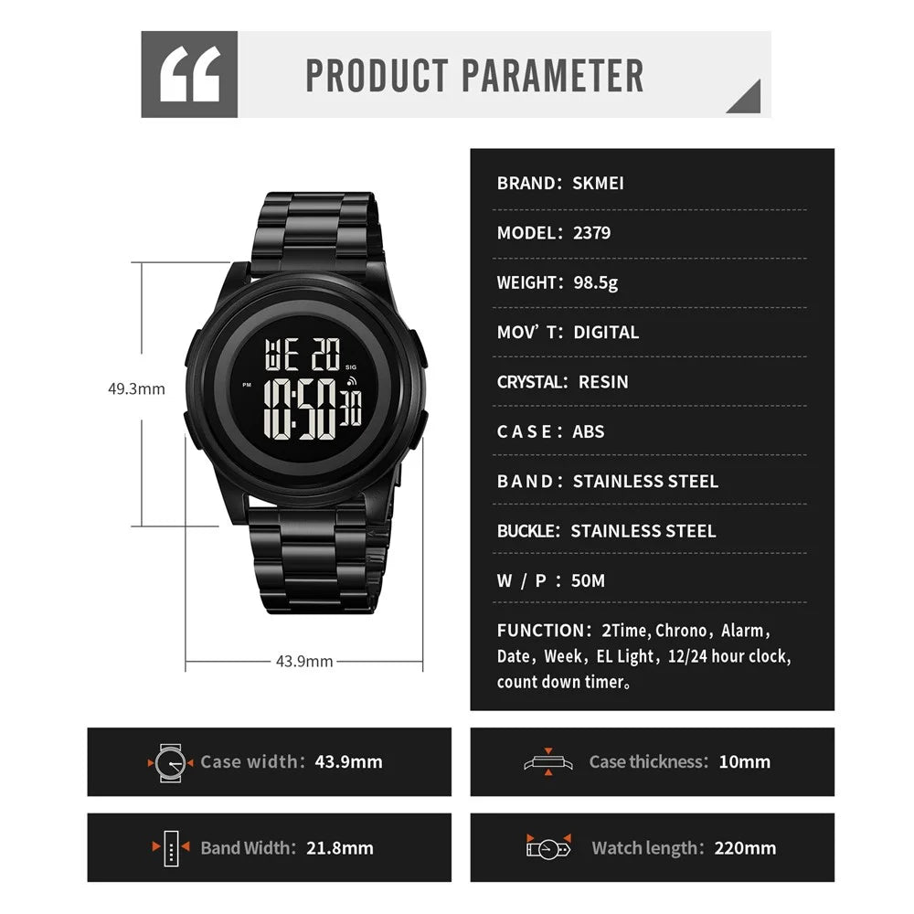SKMEI 2379 Digital Watch Teens Multifunctional Sports Chronograph Waterproof Watch with Stainless Steel Band - Black - 7