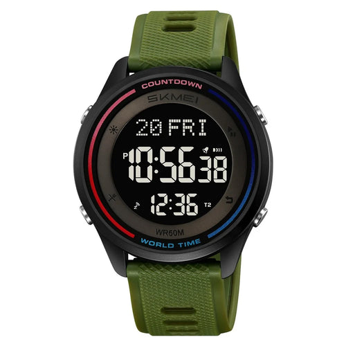 SKMEI 2348 Digital Watch for Students World Time Stopwatch Countdown Timer Outdoor Electronic Wristwatch - Army Green - 1