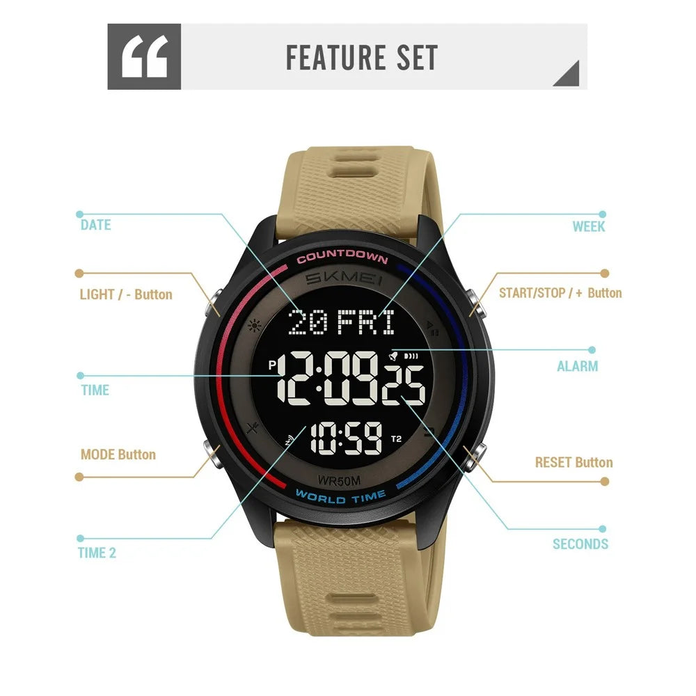 SKMEI 2348 Digital Watch for Students World Time Stopwatch Countdown Timer Outdoor Electronic Wristwatch - Army Green - 3