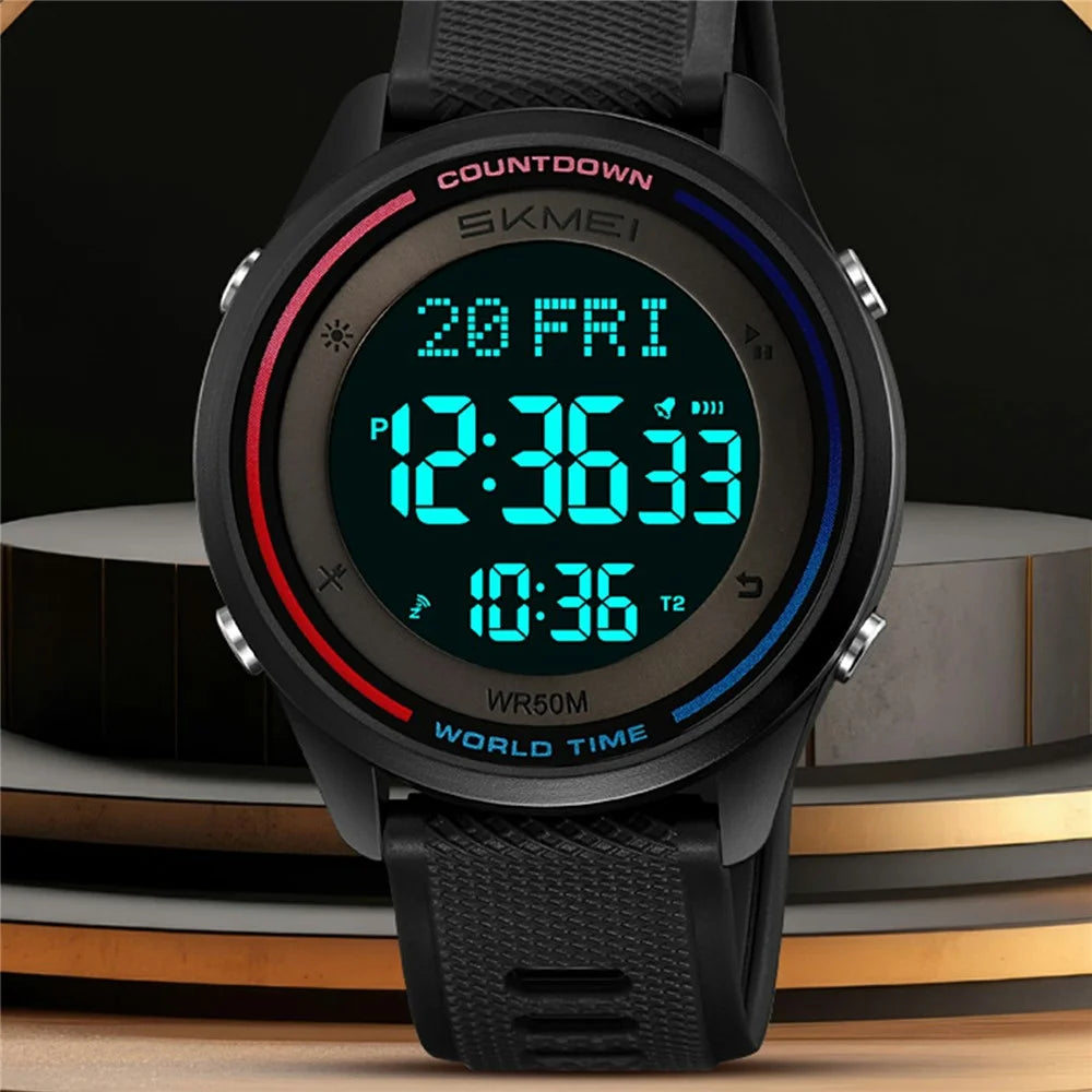 SKMEI 2348 Digital Watch for Students World Time Stopwatch Countdown Timer Outdoor Electronic Wristwatch - Army Green - 4