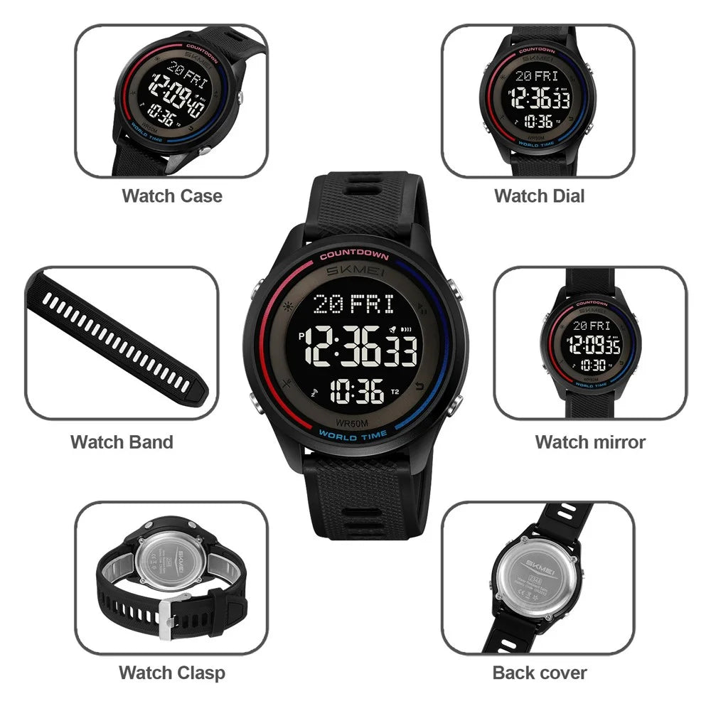 SKMEI 2348 Digital Watch for Students World Time Stopwatch Countdown Timer Outdoor Electronic Wristwatch - Army Green - 6