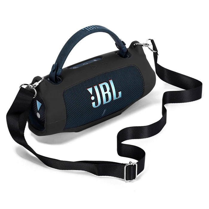 For JBL Charge 6 Soft Silicone Case Wireless Speaker Protective Cover with Shoulder Strap / Carabiner - Black - 1