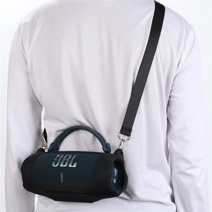 For JBL Charge 6 Soft Silicone Case Wireless Speaker Protective Cover with Shoulder Strap / Carabiner - Black - 3