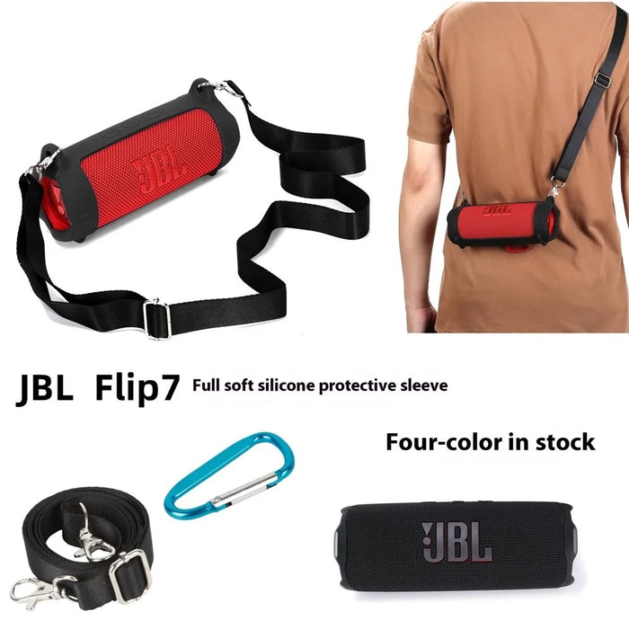 For JBL Flip 7 Speaker Silicone Case Portable Protective Cover with Shoulder Strap / Carabiner - Black - 3