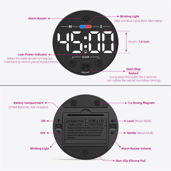 GL320 LLR109 Magnetic LED Timer Digital Display Countdown Clock for Kitchen Baking Timing Tool - White - 7