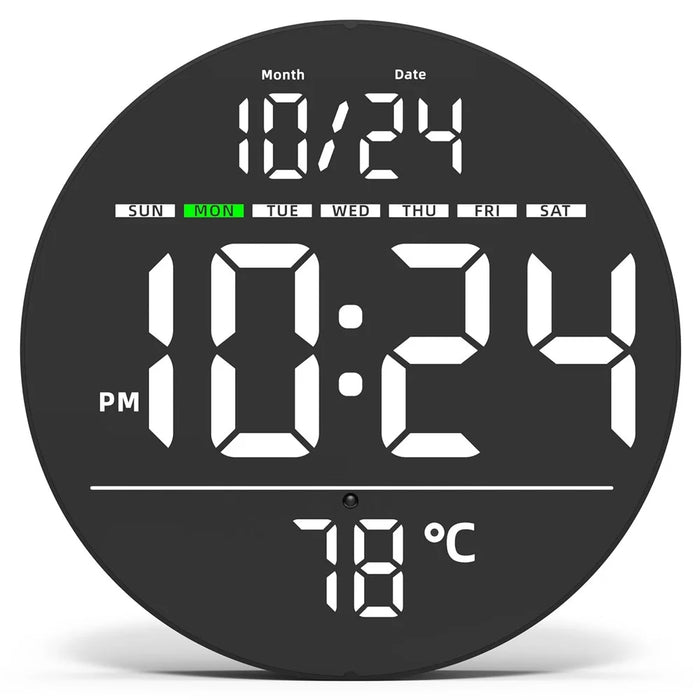 LLR083 20cm Diameter Multifunction LED Digital Wall Clock with Temperature Date Week Display - White - 1