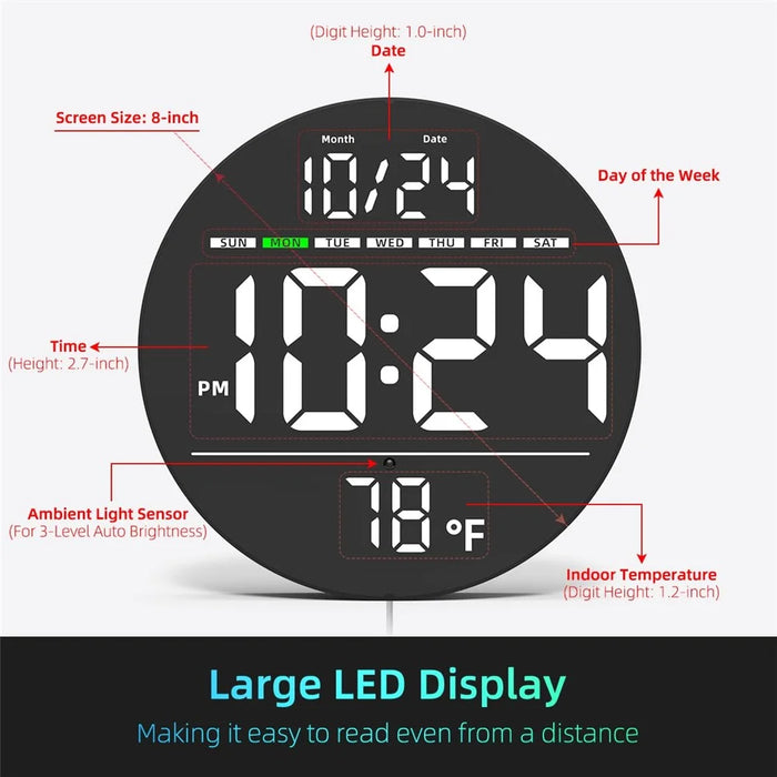 LLR083 20cm Diameter Multifunction LED Digital Wall Clock with Temperature Date Week Display - White - 6