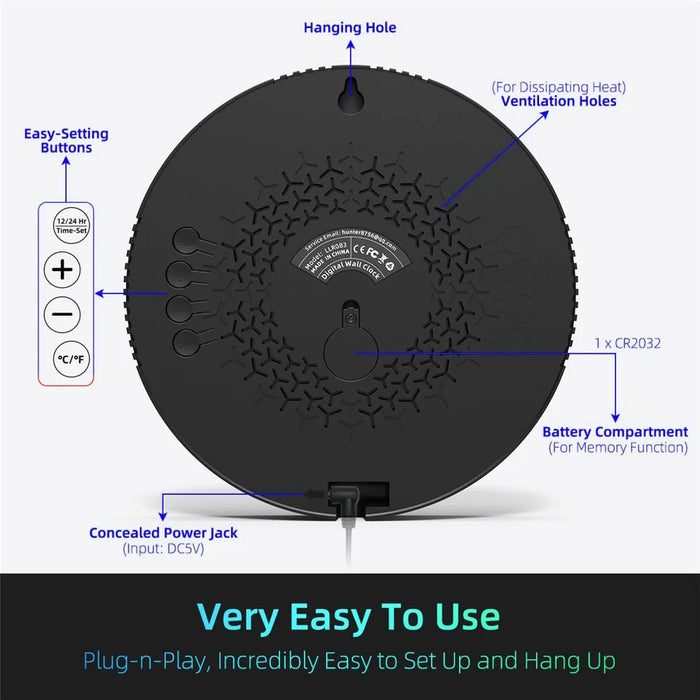 LLR083 20cm Diameter Multifunction LED Digital Wall Clock with Temperature Date Week Display - White - 7
