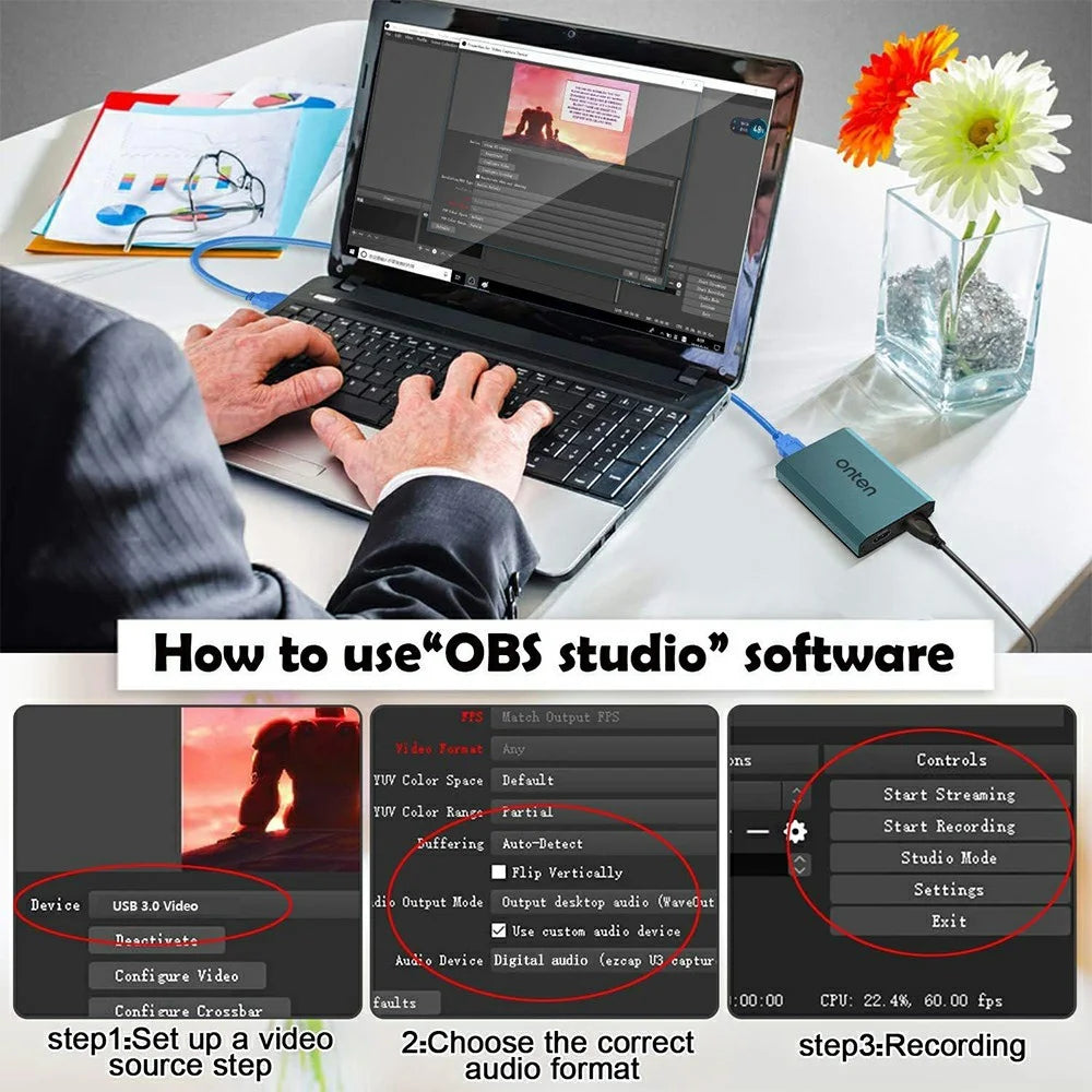 ONTEN OTN-332 4K 30FPS Video Capture Card HD Input Output 3.5mm Audio Input Output Adapter - 5