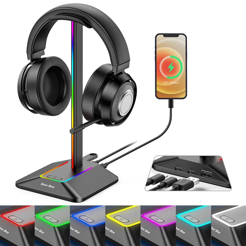 NEW BEE Z8 RGB Light Headphone Stand with USB + Type-C Expansion Hub Gaming Headset Holder Display Rack - Black - 1