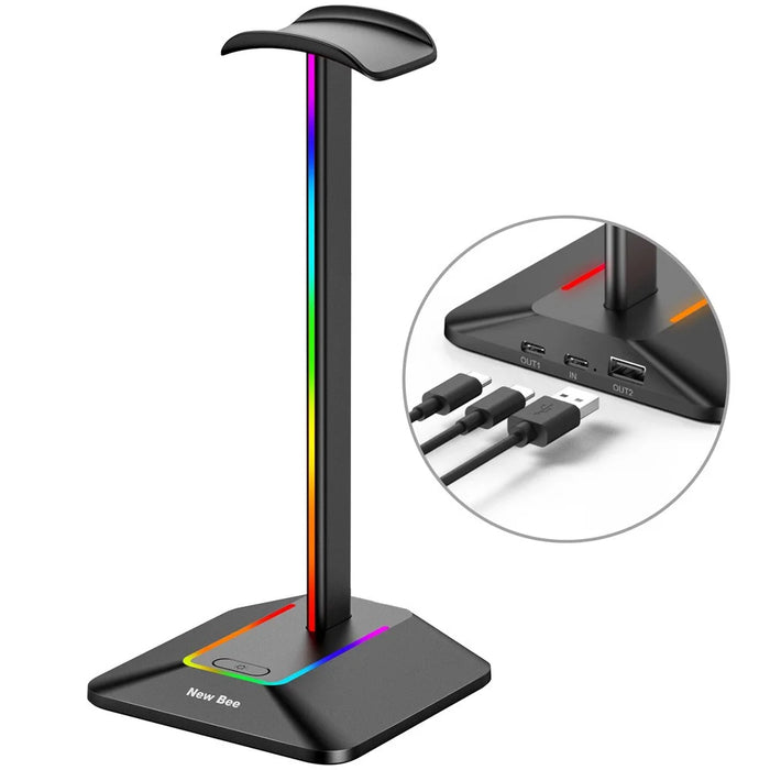NEW BEE Z8 RGB Light Headphone Stand with USB + Type-C Expansion Hub Gaming Headset Holder Display Rack - Black - 2