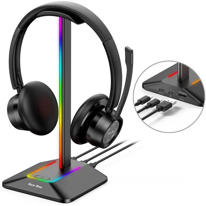 NEW BEE Z8 RGB Light Headphone Stand with USB + Type-C Expansion Hub Gaming Headset Holder Display Rack - Black - 4