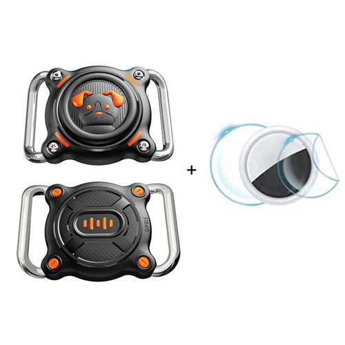 Waterproof Pet Collar Case for AirTag Tracker PC and Metal Buckle Dog Collar Holder with 2pcs Film - Black  /  Orange - 1