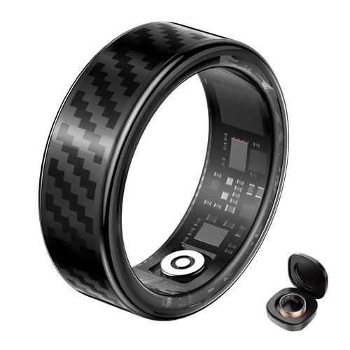 SY02 Carbon Fiber Pattern Smart Ring Multifunction Sleep Tracker Blood Oxygen Heart Rate Monitor, with Charging Case - Black / Size 7 - 1