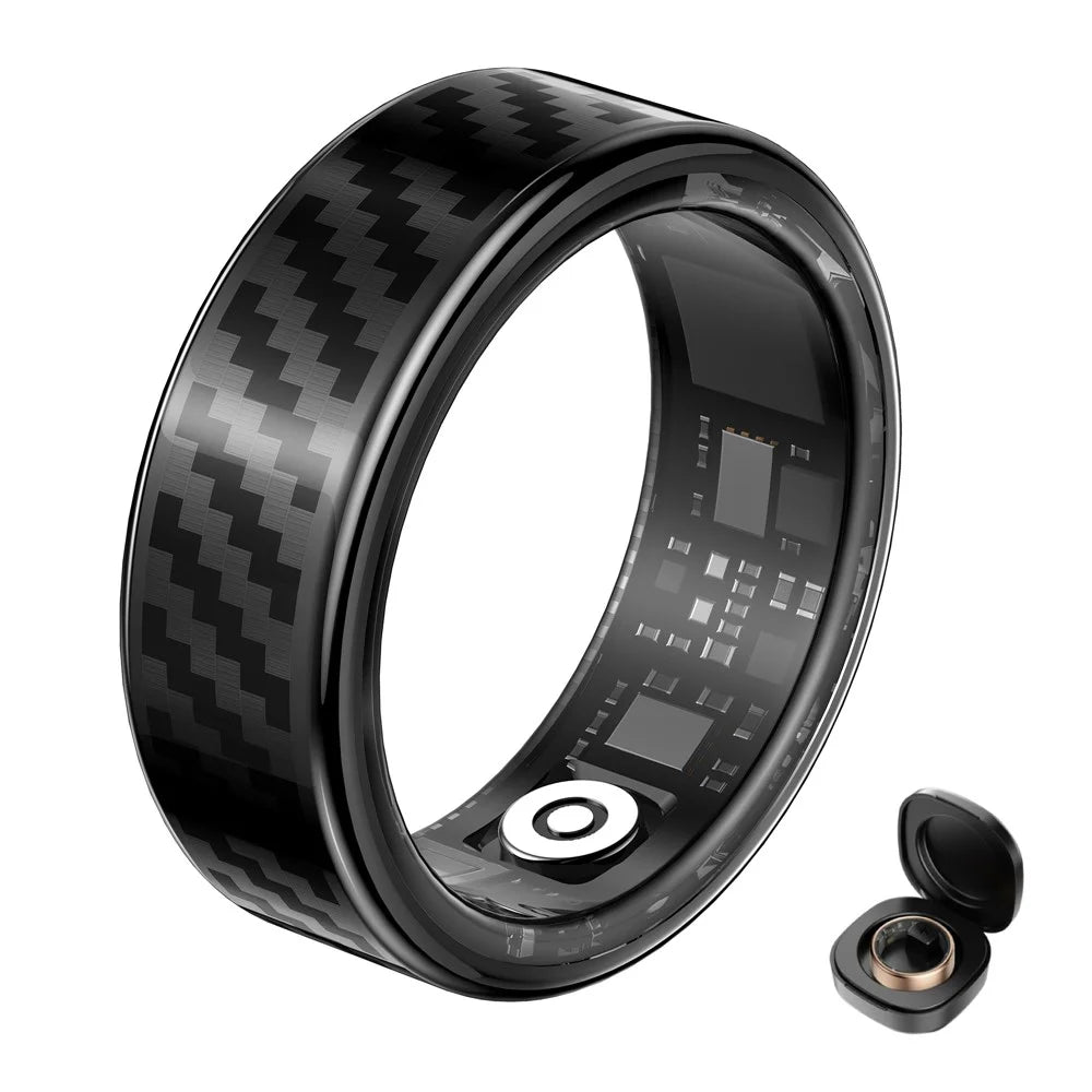 SY02 Carbon Fiber Pattern Smart Ring Multifunction Sleep Tracker Blood Oxygen Heart Rate Monitor, with Charging Case - Black / Size 7 - 1