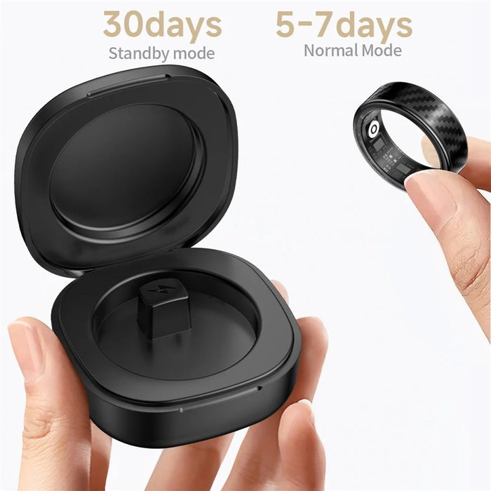 SY02 Carbon Fiber Pattern Smart Ring Multifunction Sleep Tracker Blood Oxygen Heart Rate Monitor, with Charging Case - Black / Size 7 - 7