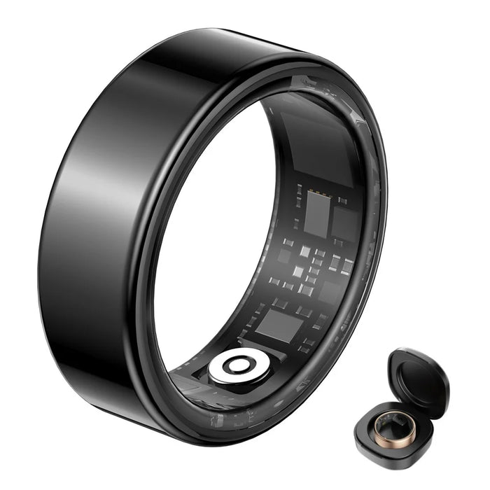 SY02 Solid Color Smart Ring Multifunction Sleep Tracker Blood Oxygen Heart Rate Monitor, with Charging Case - Black / Size 7 - 1