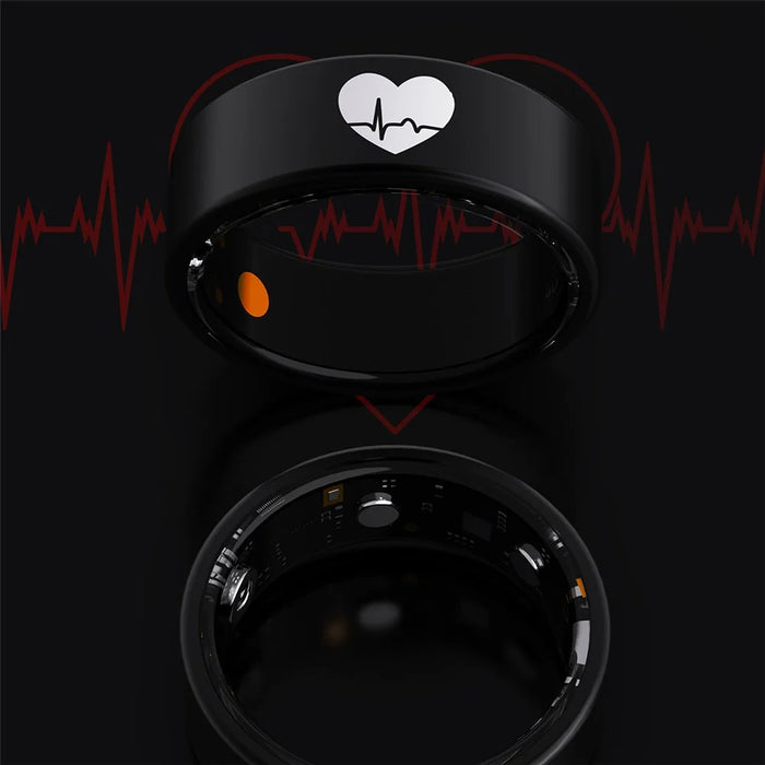 R30 Heart Pattern Smart Ring Waterproof ECG Heart Rate Blood Oxygen Blood Pressure Sleep Tracker, with Charging Case - Black / Size 7 - 6