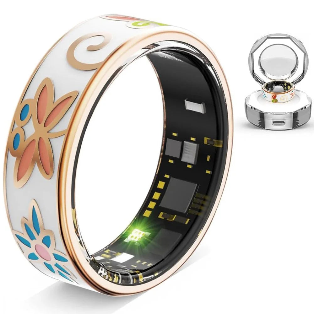 R18 Enamel Smart Ring Waterproof Heart Rate Blood Oxygen Monitor Fitness Tracker Ring, with Charging Case - Size 7 - 1