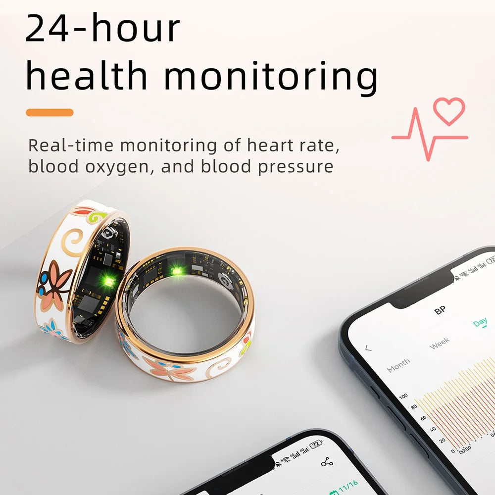 R18 Enamel Smart Ring Waterproof Heart Rate Blood Oxygen Monitor Fitness Tracker Ring, with Charging Case - Size 7 - 4