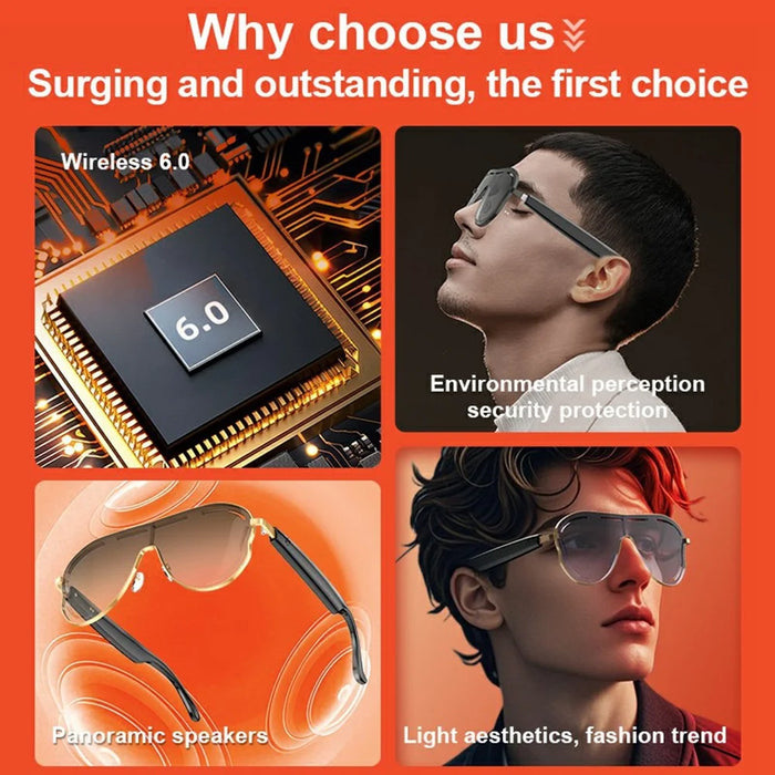 A17 Stainless Steel Large Frame Smart Glasses AI Translation Bluetooth-compatible Audio Sunglasses - Gold+Grey - 3