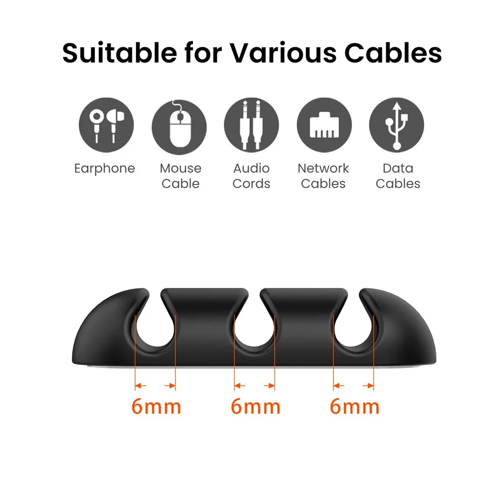 AHASTYLE WE31 6Pcs Adhesive Cable Organizer 3 Slots Silicone Earphone Charger Cable Management Tool - Black - 3