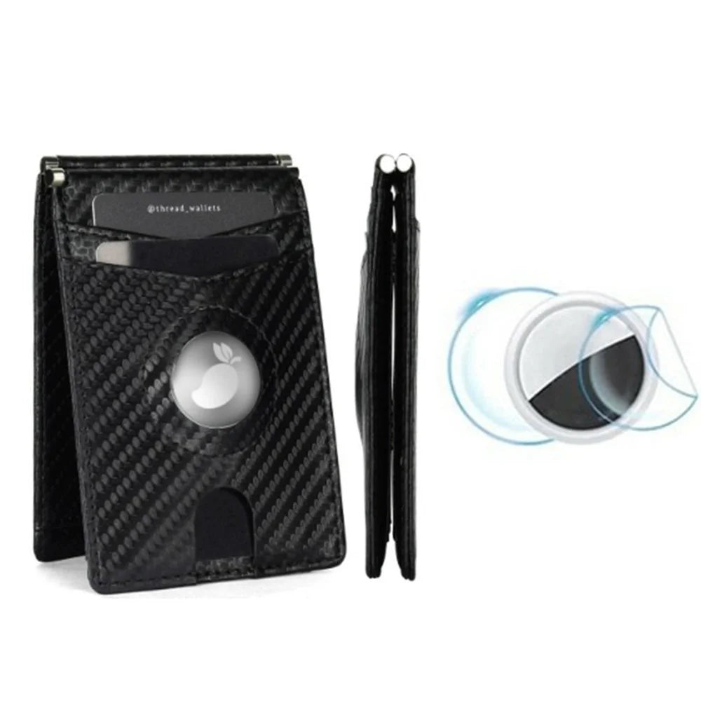 For Apple AirTag Protector RFID Blocking Wallet 9 Card Slots 2 ID Windows Leather Card Bag - Carbon Fiber Texture - 1