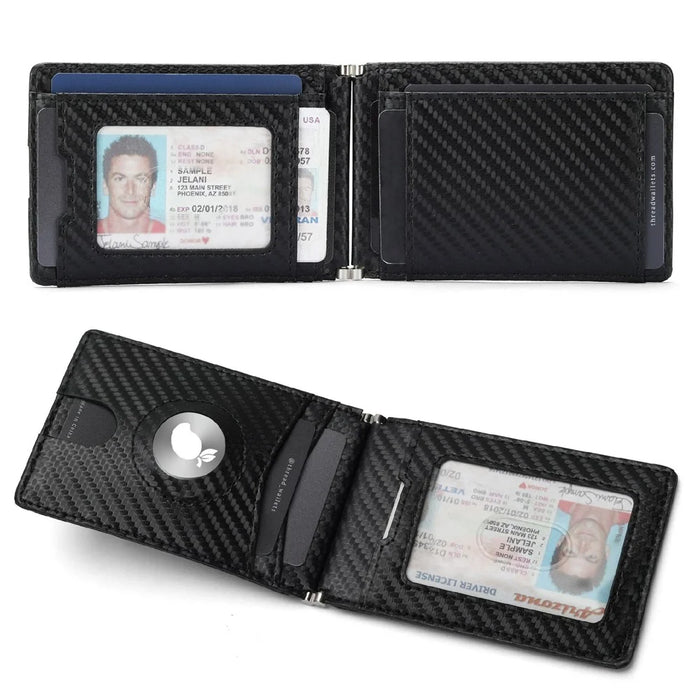 For Apple AirTag Protector RFID Blocking Wallet 9 Card Slots 2 ID Windows Leather Card Bag - Carbon Fiber Texture - 2