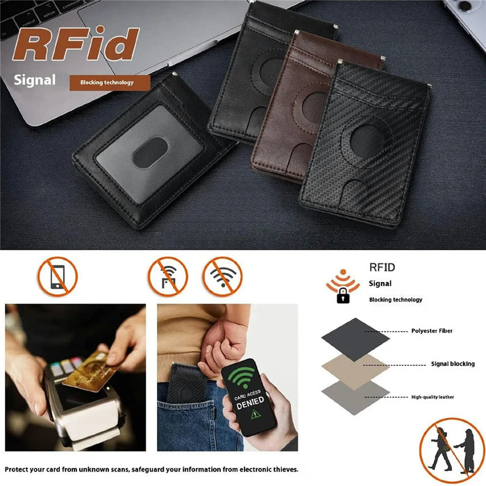 For Apple AirTag Protector RFID Blocking Wallet 9 Card Slots 2 ID Windows Leather Card Bag - Carbon Fiber Texture - 4
