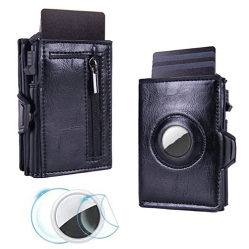 For Apple AirTag Protector Leather Wallet RFID Blocking Multi Card Holder ID Organizer - Black - 1
