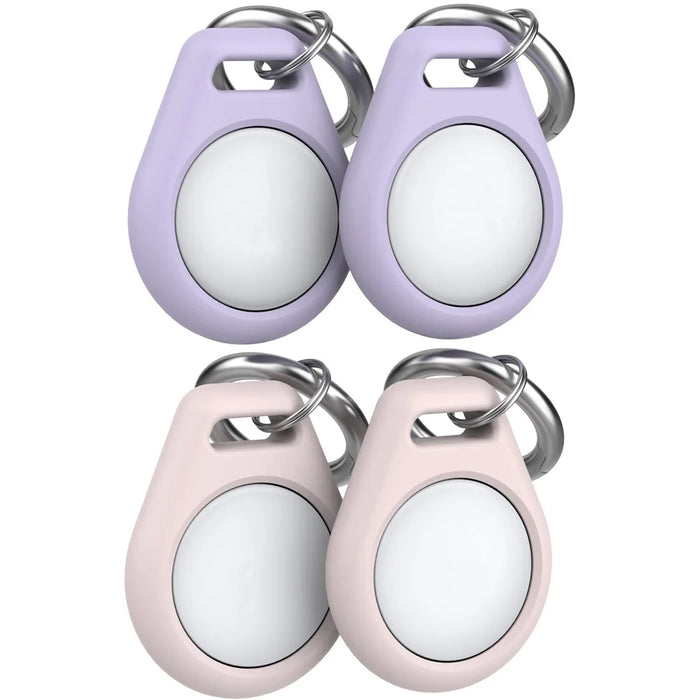AHASTYLE PT155 4Pcs Silicone Case for AirTag , Pet Collar Holder Protective Cover Holder with Keychains - Purple x 2 + Pink x 2 - 3