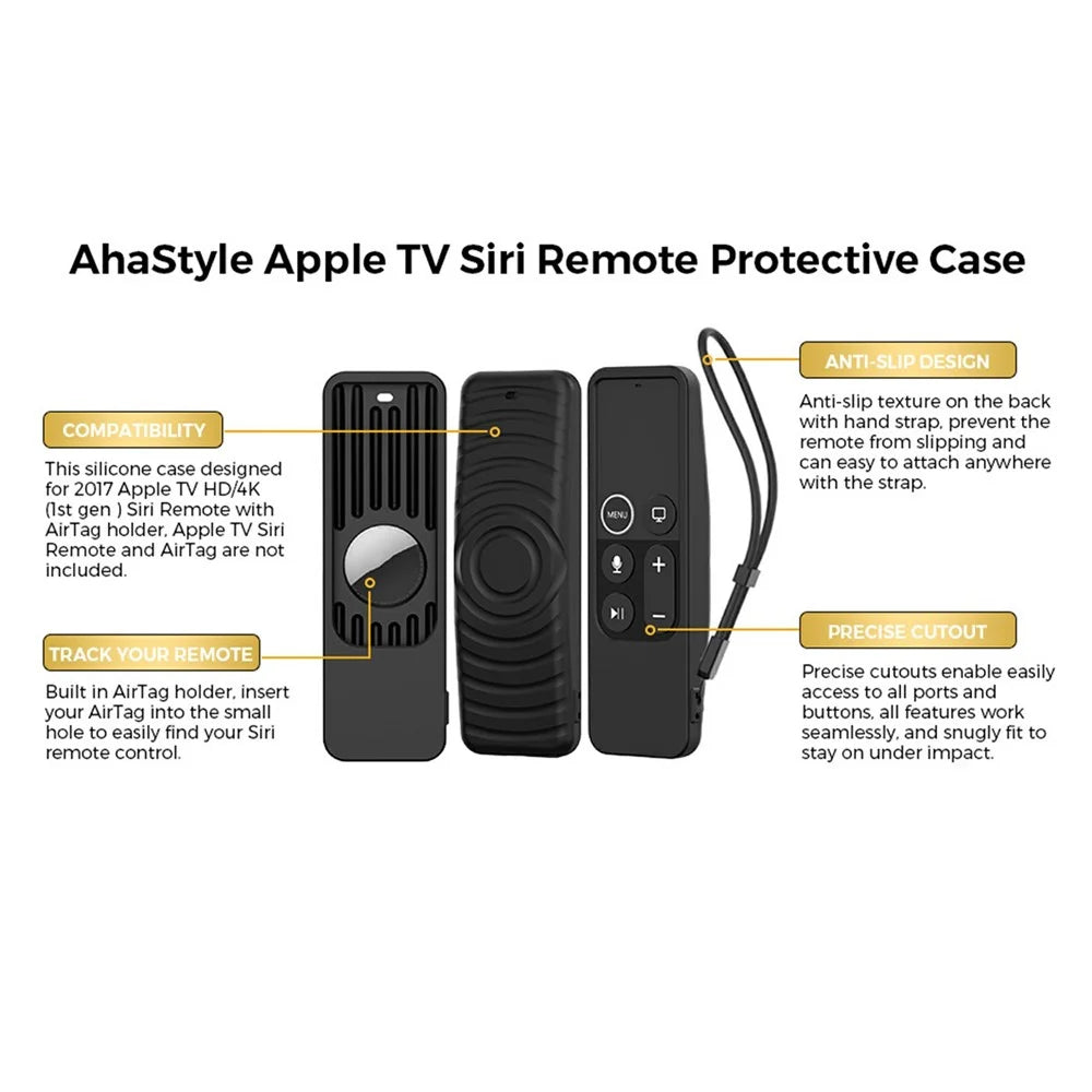 AHASTYLE PT175 Silicone Case For Apple TV 4K (4th Gen / 5th Gen) / TV HD / AirTag , 2 in 1 Skin-Friendly Protective Cover - Black - 6