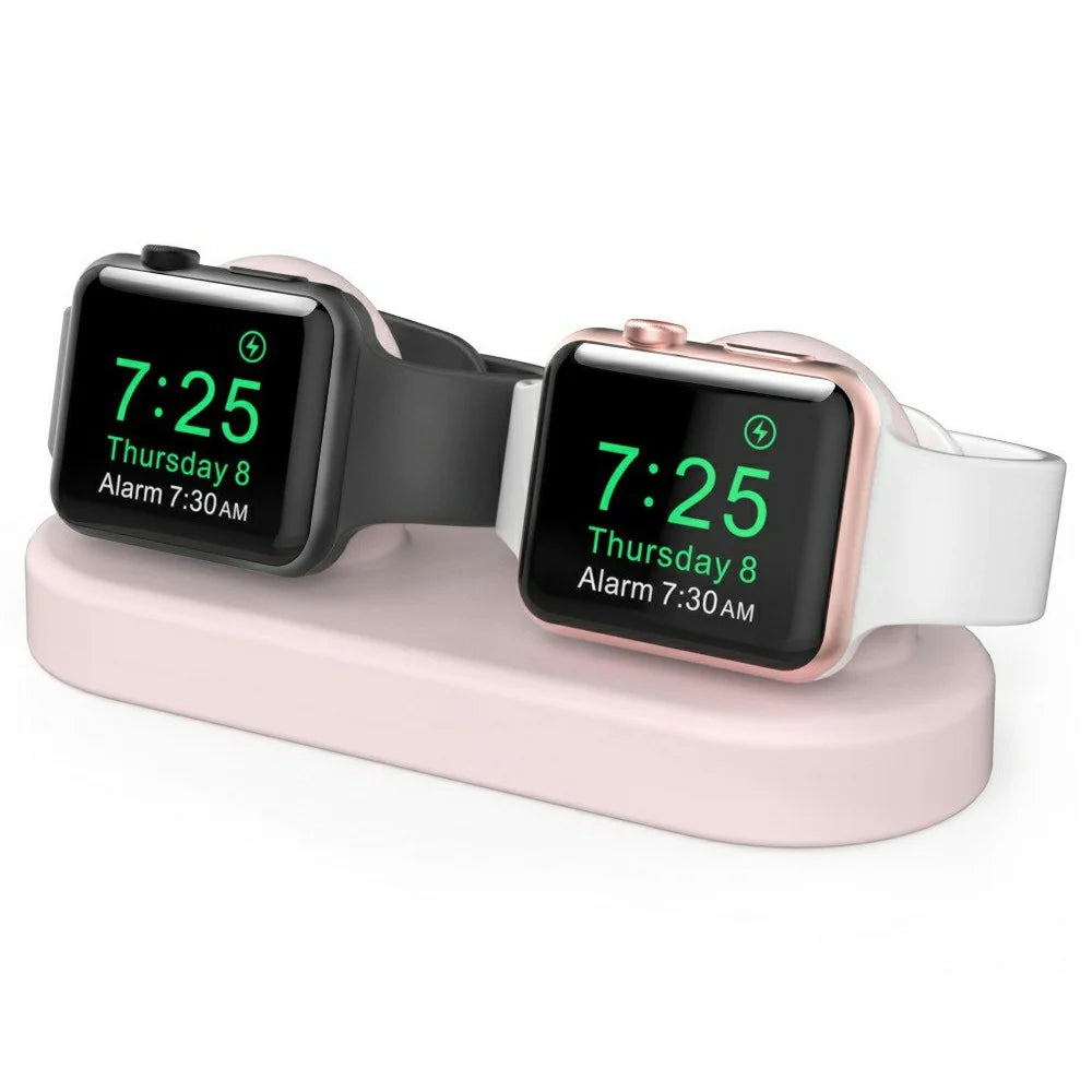 AHASTYLE DD97 Dual Charging Stand For Apple Watch Series 5 4 3 2 1 , 2 in 1 Design Desktop Silicone Dock Holder - Pink - 1