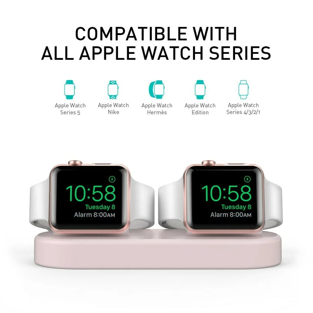 AHASTYLE DD97 Dual Charging Stand For Apple Watch Series 5 4 3 2 1 , 2 in 1 Design Desktop Silicone Dock Holder - Pink - 2