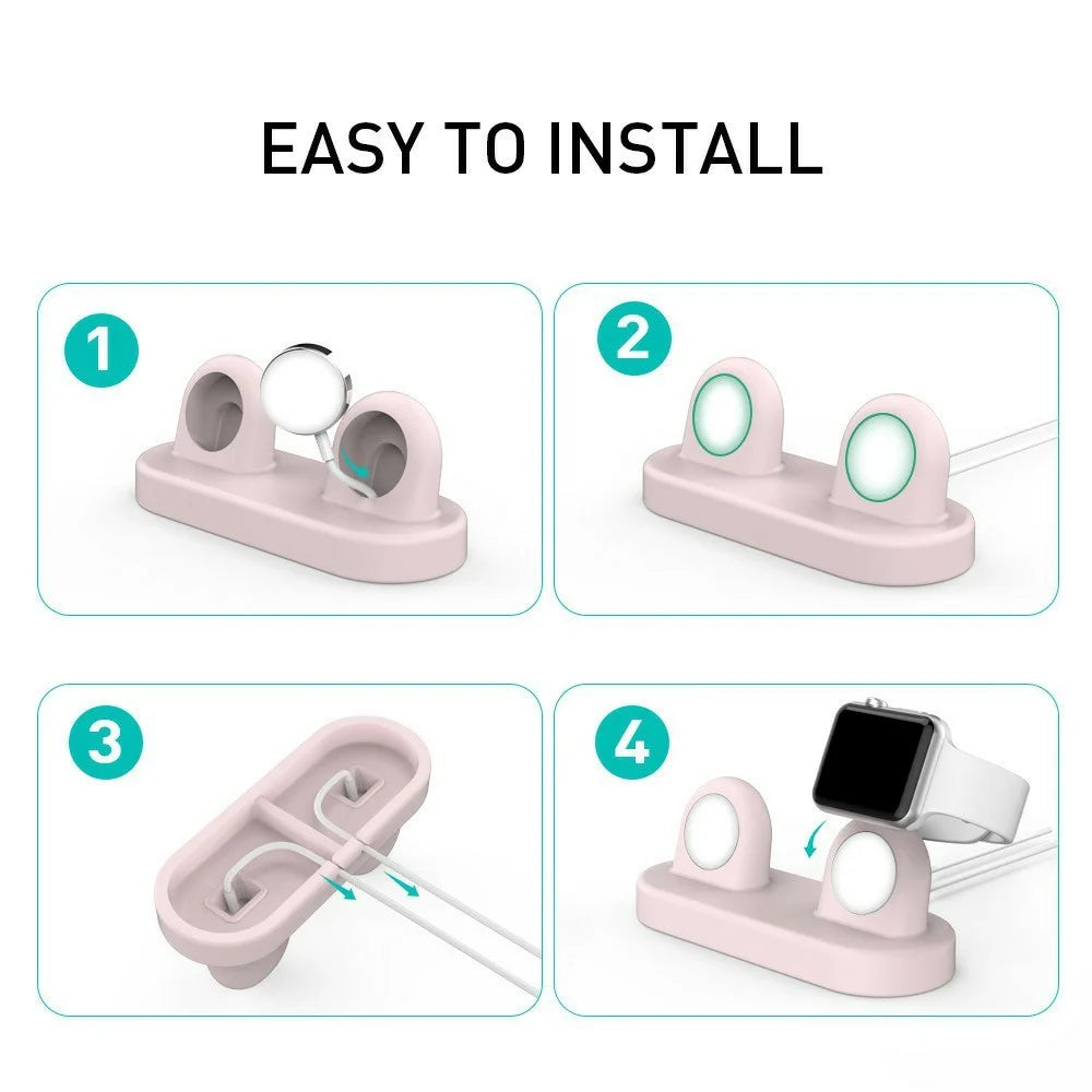 AHASTYLE DD97 Dual Charging Stand For Apple Watch Series 5 4 3 2 1 , 2 in 1 Design Desktop Silicone Dock Holder - Pink - 3