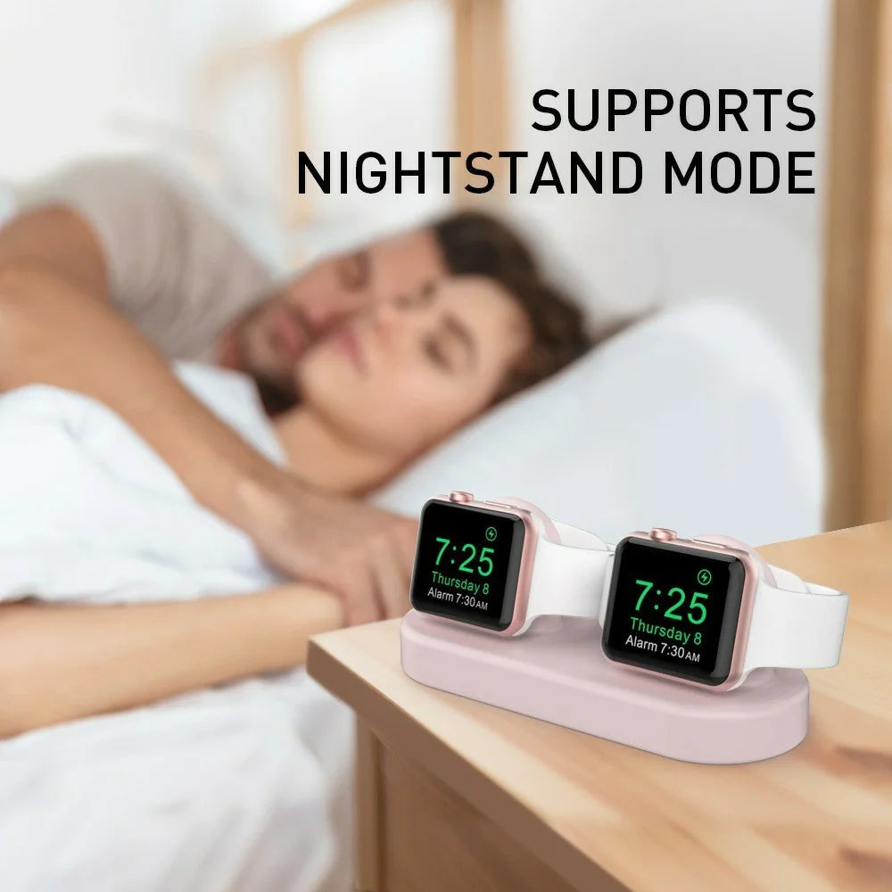AHASTYLE DD97 Dual Charging Stand For Apple Watch Series 5 4 3 2 1 , 2 in 1 Design Desktop Silicone Dock Holder - Pink - 4