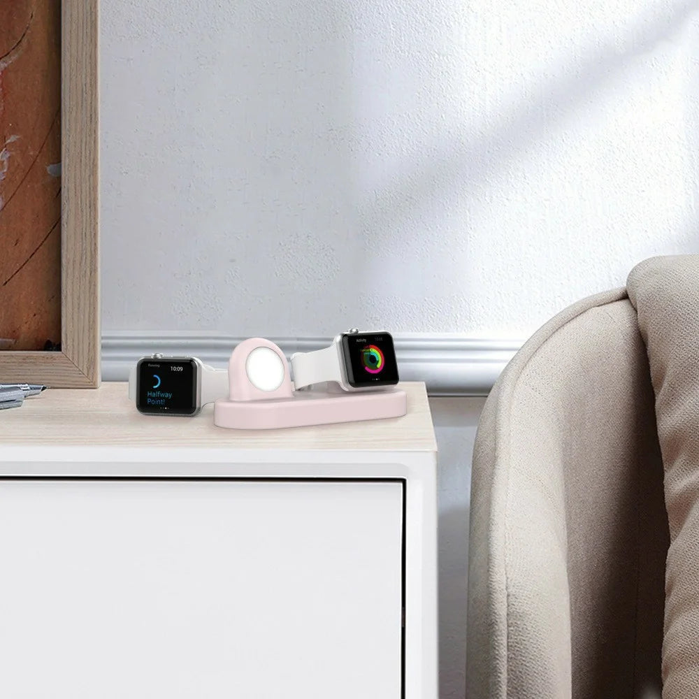 AHASTYLE DD97 Dual Charging Stand For Apple Watch Series 5 4 3 2 1 , 2 in 1 Design Desktop Silicone Dock Holder - Pink - 5