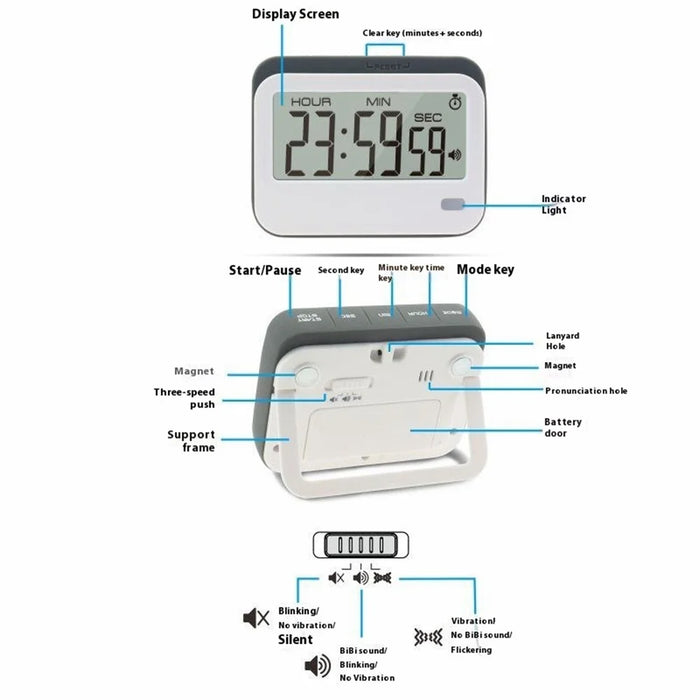 320SP Large Screen Kitchen Timer Clock Digital Alarm Stopwatch Countdown Timer with Kickstand  /  Flashing Light - Grey - 7