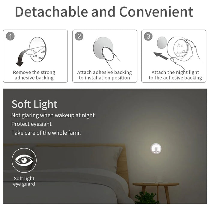 K610 Smart Motion Sensor Night Light Wireless Magnetic Round LED Lamp for Cabinet / Stairs / Hallway Wall Light - White - 6