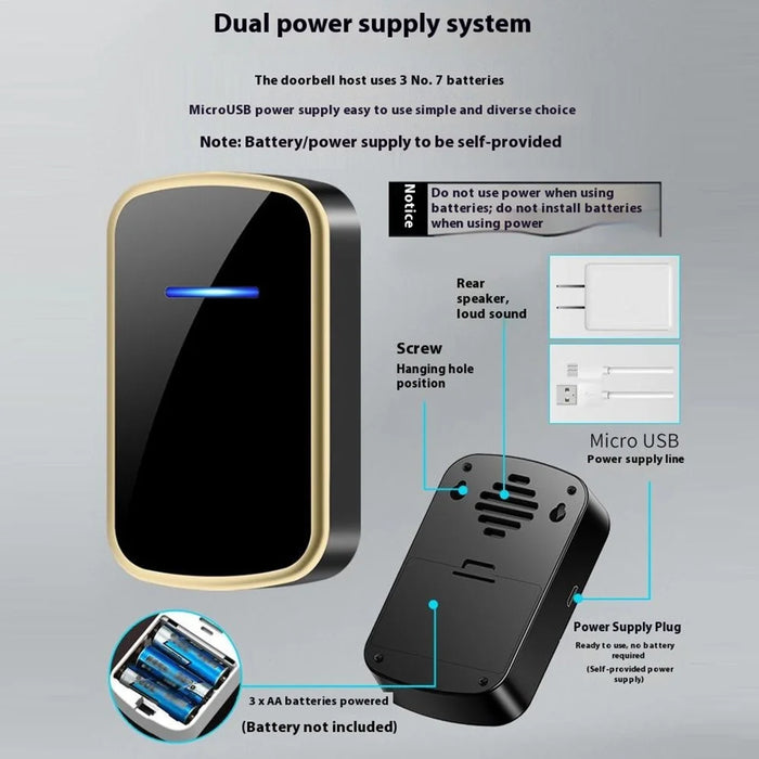 W906 300m Range Wireless Doorbell 60 Ringtones 5 Volume Levels Door Chime Kit, 1 Transmitter + 1 Receiver - White+Gold - 5