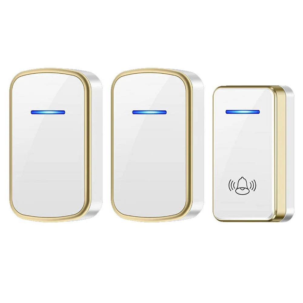 W906 300m Range Wireless Doorbell 60 Ringtones 5 Volume Levels Door Chime Kit, 2 Transmitters + 1 Receiver - White+Gold - 1