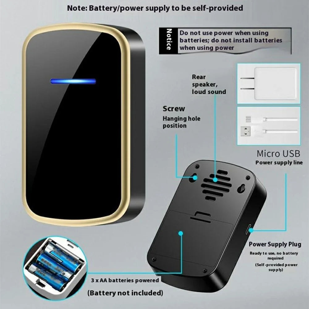 W906 300m Range Wireless Doorbell 60 Ringtones 5 Volume Levels Door Chime Kit, 2 Transmitters + 1 Receiver - White+Gold - 3