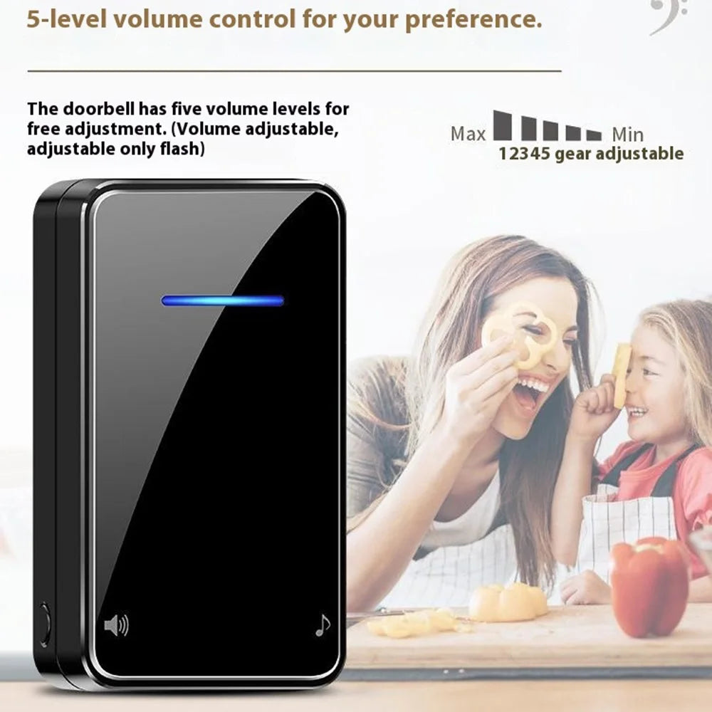 FA8 Self Powered Home Wireless Doorbell 60 Ringtones 5 Volume Levels Door Chime Kit, 1 Transmitter + 2 Receivers - Black / EU Plug - 5